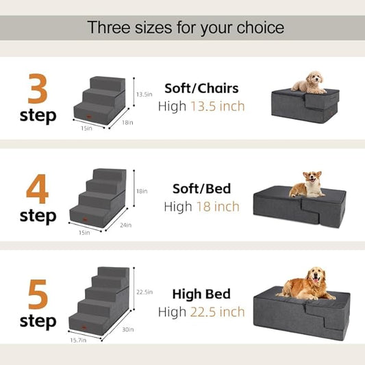 Dog Stairs for Small Dogs, 13.5" H, 3-Step Pet Steps for Couch Sofa and Chair, Non-Slip Balanced Pet Ramp for Medium Cats,Indoor Dog Ladder, Grey