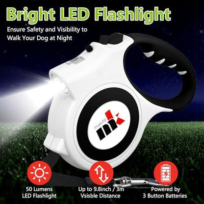 Retractable Dog Leash with LED Light Makife 5m Extendable Dog Lead for Small Medium Puppis up to 25kgs, One-Hand Brake & Lock System, Ergonomic Handle (White) - Image 6