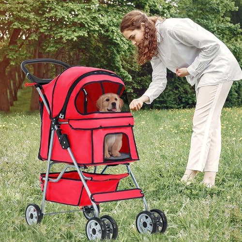 FDW | 4-Wheel Foldable Pet Stroller | Red | Lightweight & Portable - Image 2