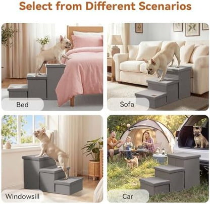 Zerbuger Dog Stairs with Storage, Grey 3 Steps Dog Ramp no Condo for Bed - Image 2