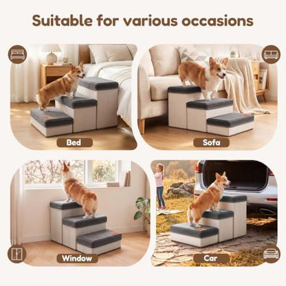 Foldable Pet Stairs & Steps for Bed with Hair Remover Tool - 3-Step Dog Steps for Bed/Couch/Windowsill/Car, Anti-Slip Foam Pet Stairs, Space-Saving Storage Design, Sturdy & Safe Indoor Pet Ramp - Image 3