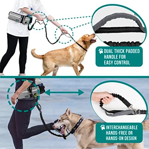PetAmi Hands Free Dog Leash Belt Bag for Walking, Jogging - Double Zipper Pouch with Poop Bag Dispenser, Dual Padded Handles Reflective Bungee Leash, Single (Heather Grey) - Image 6
