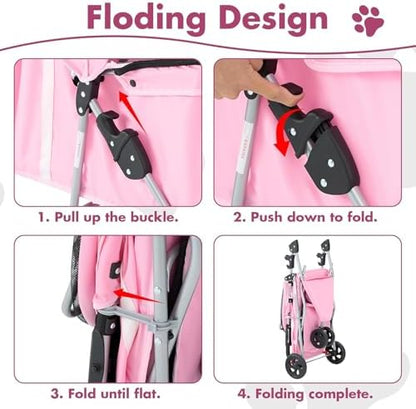 3 Wheels Pet Stroller,Storage Basket and Cup Holder, Breathable Mesh, Waterproof and Foldable for Small/Medium Dogs and Cats Strollers, Lightweight Travel Carrier for Daily Walks & Outdoor，Pink - Image 5