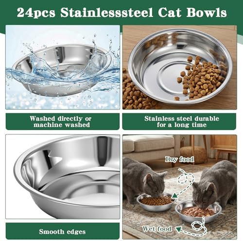 24 Pcs Stainless Steel Cat Bowls, Shallow Wide Dog Plates for Food - 5.5 Inch Metal Pet Dishes Whisker Fatigue Relief Replacement for Small Animals (Silver) - Image 3