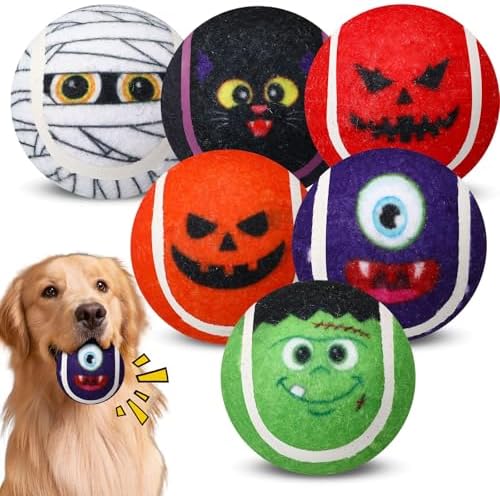 Civaner 6 Pcs Halloween Dog Toys Bulk, 2.5 Inch Squeaky Tennis Balls Gifts by Civaner