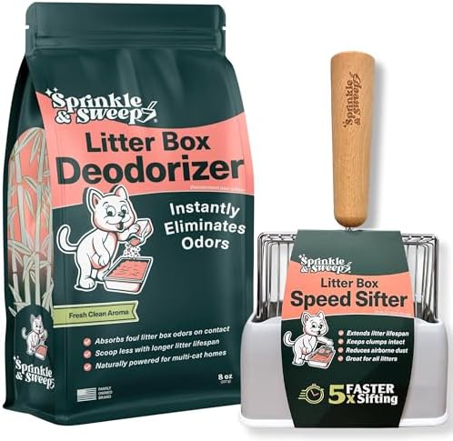 Sprinkle & Sweep: Litter Box Deodorizer Duo - 8oz Bag & Speed Sifter - Cat-Kitten Home Odor Neutralizer, Ultra-Absorbent Formula, Wood Handle Scooper by SprinkleSweep