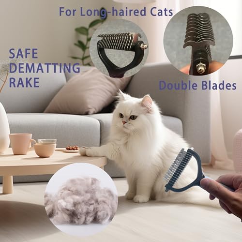 Cat Grooming Brush Kit 6 Tools - Deshedding & Dematting for Long/Short Hair, Self-Cleaning Slicker Brush with 6-in-1 Flea Comb for Cats & Kittens (Blue) - Image 3