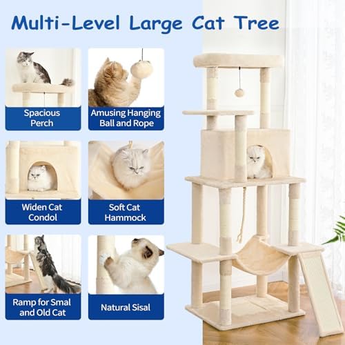 Cat Craft Cat Tree 63 Inch Cat Tower for Indoor Cats, Multi-Level Cat Tree for Large Cats 20 lbs+ Heavy Duty Cat Tower with Sisal Scratching Posts, Hammock, Condo and Extended Platform, Beign - Image 2