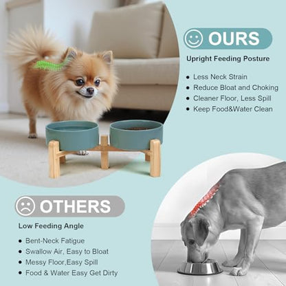 SPUNKYJUNKY Elevated Dog Bowls Ceramic, 5.1'' Dogs and Cat Food Water Bowls Raised with Non-Slip Bamboo Stand for Puppy Small Sized Breed Microwave Dishwasher Safe - 13.5 OZ,Dark Green - Image 3