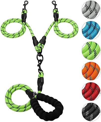 Double Dog Leash Reflective Detachable Coupler &360° Swivel Tangle Free, Heavy Duty Rope Leash Control with Padded Handle for Dual Large Medium Dogs Walking Running Training (Ligth Green) by Gokotta