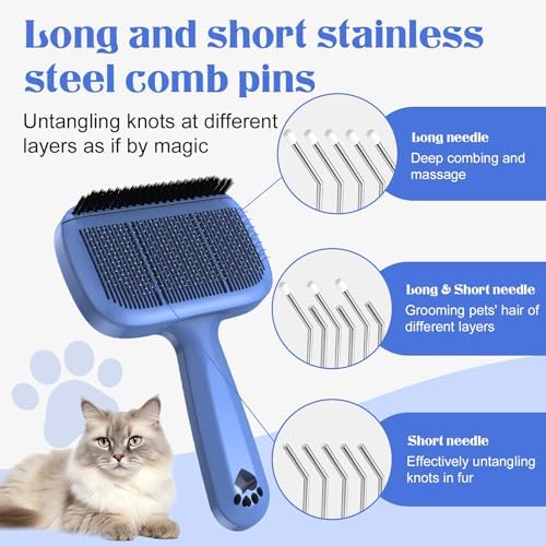 Self Cleaning Dog Brush for Shedding - Bristle Brush and Long/Short Needles Design, Skin Friendly, Slicker Deshedding Dog Brush, Hair Removal for Long & Short Haired Pets (Blue) - Image 4