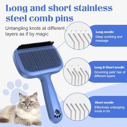 Self Cleaning Dog Brush for Shedding - Bristle Brush and Long/Short Needles Design, Skin Friendly, Slicker Deshedding Dog Brush, Hair Removal for Long & Short Haired Pets (Blue) - Image 4