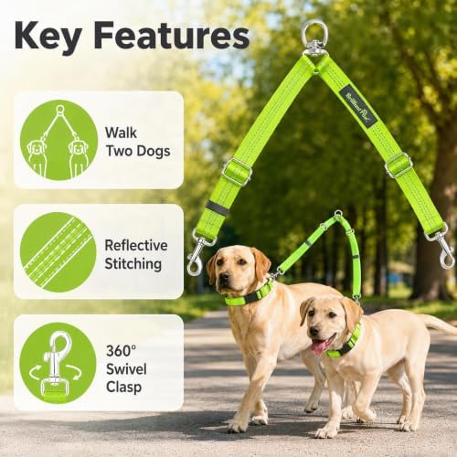 Double Dog Leash Coupler, No Tangle 360° Swivel Adjustable Reflective Dog Leash Splitter for 2 Dogs, Heavy Duty Shock Absorbing Bungee Lead Extension for Small Medium Large Dogs - Image 2