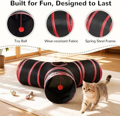 Tempcore Cat Tunnel, 3-Way Collapsible Toy for Indoor Cats, Black & Red - Image 5