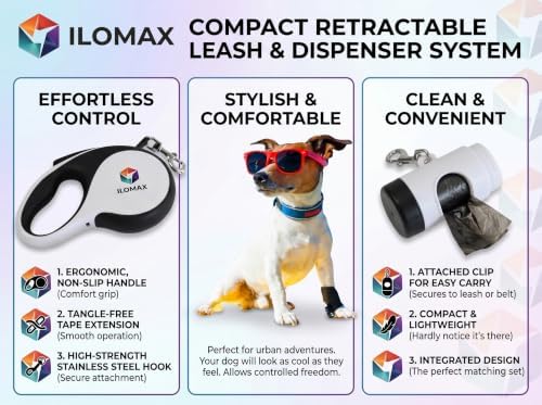ILOMAX 360° Tangle-Free Retractable Dog Leash Built-in Waste Bag Dispenser Under Handle 2 Rolls Poop Bags Included Heavy Duty Tape Leash for Dogs up to 50kg Carry Pouch Included (White, XL) - Image 3