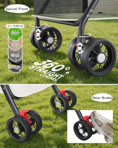 GTPLAYER Foldable Pet Stroller for Small Dogs & Cats up to 33 lbs, Pet Stroller with 360° Swivel Lockable Front Wheels, Rear Brakes, Safety Tethers, Breathable Mesh, Cup Holder, Lime Green - Image 7