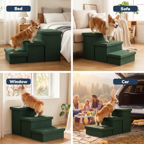 3-Step Wide Dog Stairs with Hidden Storage 18" H, Non-Slip Dog Steps for High Bed Couch Window Car, Jiont-Friendly Pet Stairs Ramp for Small/Medium/Large Old Dogs Cats Up to 200lbs, Dark Green - Image 5