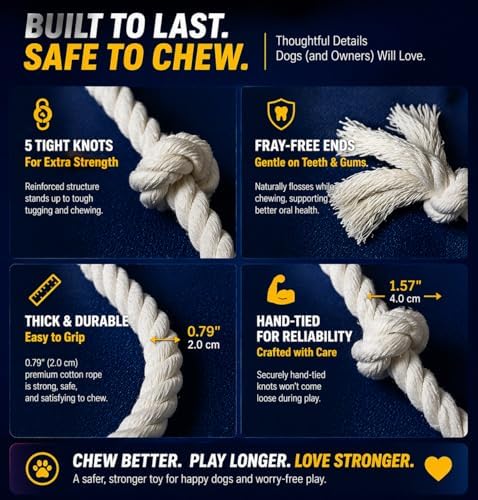 35" Dog Rope Tug Toy – 5-Knot Cotton Rope, Perfect Balance for Tug & Chew, Durable Interactive Toy for Medium & Large Dogs (22–88 lbs), Indoor & Outdoor, Washable, White - Image 7