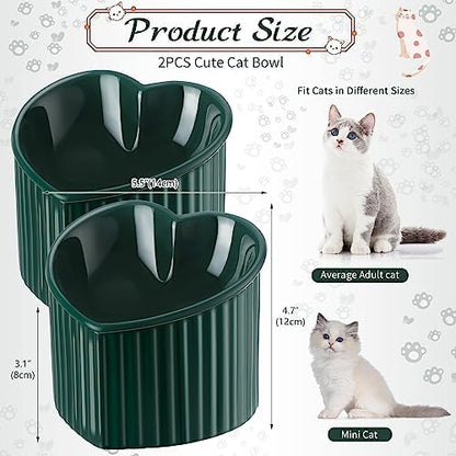 Mumufy 2 Pcs Ceramic Elevated Cat Bowls Tilted Elevated Raised Pet Bowls Anti Vomit Cat Dish for Indoor Stress Free Water Dish Feeder for Puppies, Heart Shaped(Peacock Green) - Image 2