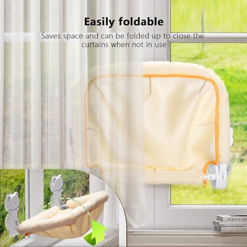 JUNSPOW Cat Window Perch Cordless, Foldable & Stable Cat Beds- Breathable Cat Window Hammock for Overlooking, Sunbathing and Climbing - Maximum Hold Up to 40lb(Cream) - Image 4