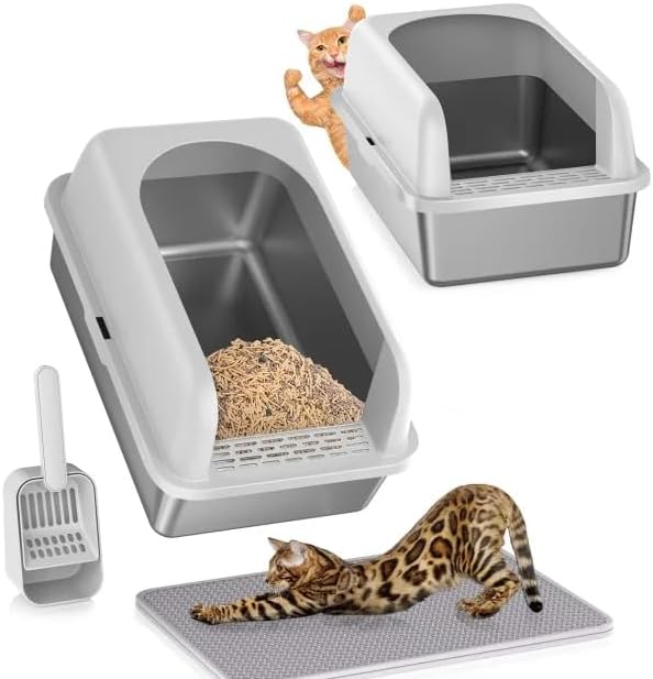 2 Pack Stainless Steel Litter Box witn High Sides, Extra Large cat Litter Box with Lid, Metal Litter Boxes for Multiple Cats, Anti-Leakage,Non-Stick, Easy to Clean, Included Cat Litter Mat, Scoop