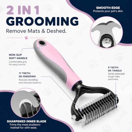 TIROL Dematting Comb for Dogs, Pet Grooming Rake, Double-Sided Dog Brush for Shedding, Undercoat Mat Dematting Tool for Long Haired Cats, Deshedding Brush for Cats, Pink - Image 2