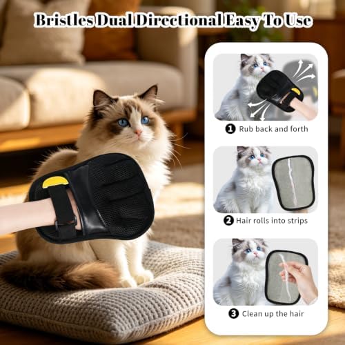 Pet Hair Removal Gloves, Black and Yellow Colors, Static Hair Removal, Adjustable Strap, Reusable for Clothing, Sofa, Car Seat, Set of 2 - Image 3