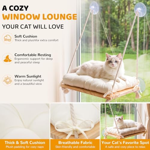 Cat Window Perch Hammock with Upgraded 4 Suction Cups Soft Cushion Wood Bed - Image 4