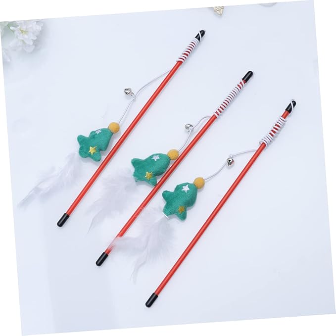 NOLITOY 3 Pack Christmas Cat Tease Sticks Funny Interactive Toys Pet Training Wand Christmas Tree Theme