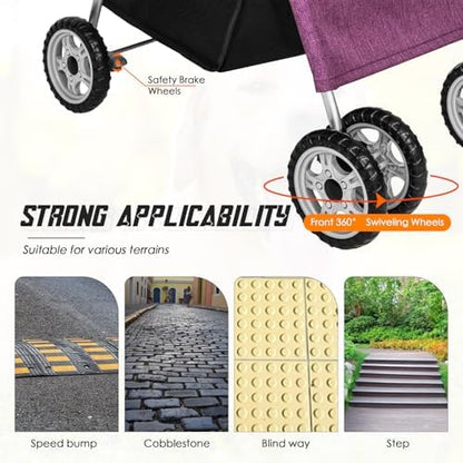 FDW 4 Wheels Pet Stroller Folding Dog Cat Jogger Stroller with Storage Basket &Cup Holder Portable Lightweight Travel Carrier, Purple - Image 4