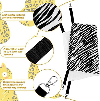 Jetec 2 Pack Cat Hammock for Cage, Catio Accessories Reversible Soft Cats Bed with Adjustable Straps and Hooks Double-Sided Linen and Fleece Hanging Hammock for Cats, Kitten(Zebra, Tiger Stripes,L)