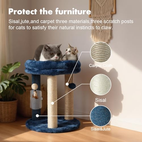 MECOOL Cat Scratching Post Tree with Tower Soft Bed.Natural Quality Sisal Carpet Jute Scratch Posts with Three Hanging Ball Toys and Massage Brush for Indoor Cats and Kittens Blue - Image 3