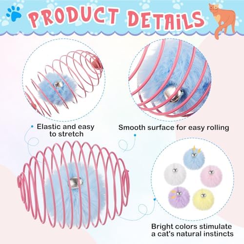 Jecery 5 Pcs Cat Toys Spring,Pom-pom with Bell,Multicolor - Image 3