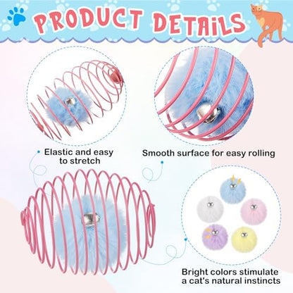 Jecery 5 Pcs Cat Toys Spring,Pom-pom with Bell,Multicolor - Image 3