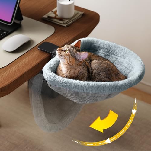 JUNSPOW Cat Desk Bed - One-Click Folding,Sunken Design & Space-Saving Semi-Circular Cat Bed, Soft Faux Rabbit Fur Material, Suitable for Various Desktops-Maximum Hold Up to 40lb by JUNSPOW