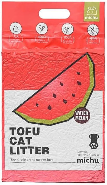 Michu Tofu Cat Litter Natural Clumping Tofu Cat Litter, Fast Clumping and Easily Scoop-able 5.5lb/88oz 5 Scents - Watermelon, 6 Pack