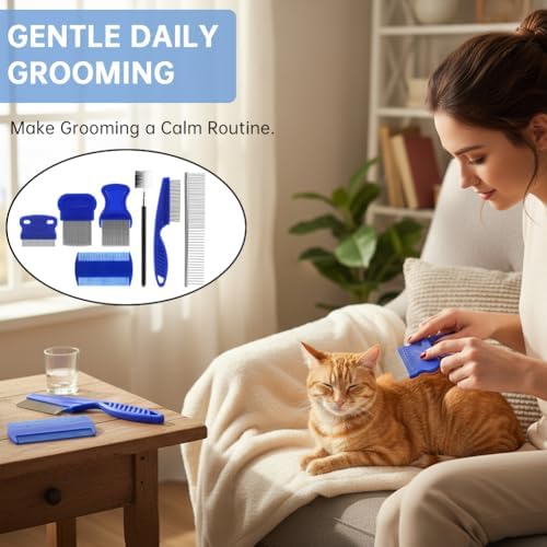 7PCS Flea Comb, Lice Comb, Double Sided Tick Removal Tool, Dematting Brush for Small, Medium & Large Pets Tainless Steel Grooming Combs, Professional Pet Grooming Kit (Blue) - Image 3