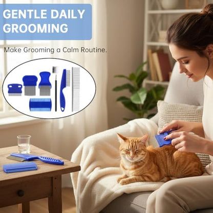 7PCS Flea Comb, Lice Comb, Double Sided Tick Removal Tool, Dematting Brush for Small, Medium & Large Pets Tainless Steel Grooming Combs, Professional Pet Grooming Kit (Blue) - Image 3