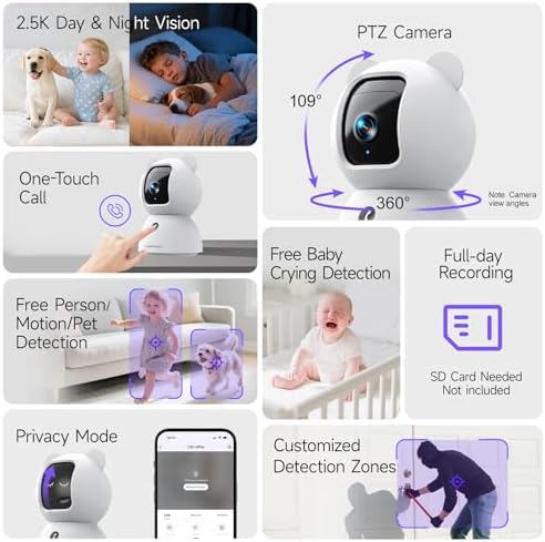 2.5K Pet/Dog Camera with Speaker/Phone App, No-Monthly-Fee AI Person/Pet/Cry Detection Security Camera Indoor, PTZ 2.4GHz WiFi Baby Monitor Cameras for Home Security, Night Vision, 2-Way Talk - Image 2