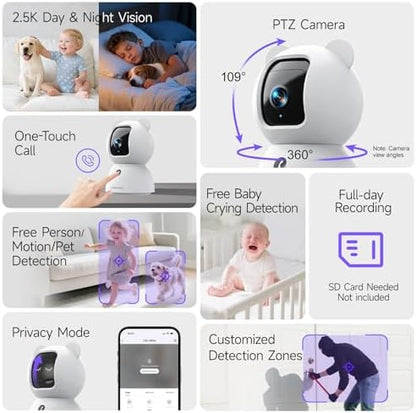 2.5K Pet/Dog Camera with Speaker/Phone App, No-Monthly-Fee AI Person/Pet/Cry Detection Security Camera Indoor, PTZ 2.4GHz WiFi Baby Monitor Cameras for Home Security, Night Vision, 2-Way Talk - Image 2