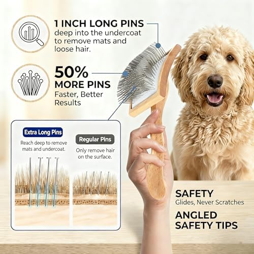 5-Piece Dog Grooming Kit, Large Long Pin Dog Slicker Brush Natural - Image 2