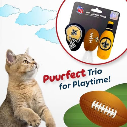BEST PLUSH CAT TOY: NFL NEW ORLEANS SAINTS Complete Set of 3 piece Cat Toys filled with Fresh Catnip. Includes: 1 Helmet Cat Toy, 1 Football Cat Toy with Feathers & 1 Beer Bottle. Beautiful Team LOGOS - Image 3