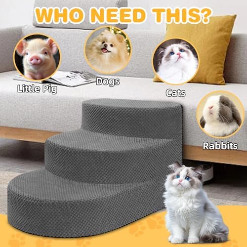 Dog Stairs 3 Steps Foam Pet Ramp for Small Dogs Cats, Grey - Image 5