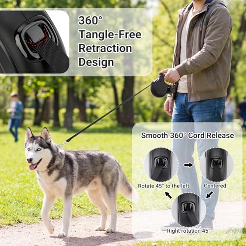 Segarty 16 Ft Retractable Dog Leash with Detachable Poop Bag Holder, 5m Walking Leash for Pets up to 66 Lbs, 360°Tangle-Free Black Dog Lead with Anti-Slip Handle & One-Handed Brake Pause Lock for Dogs - Image 5