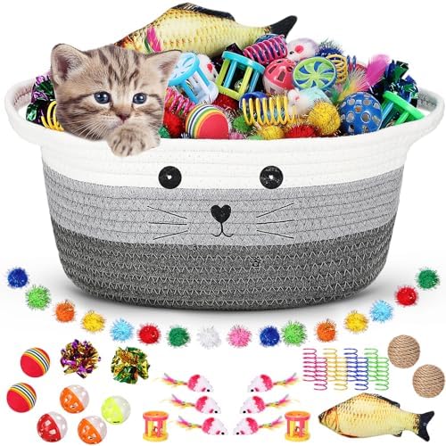 Zopeal 58 Pcs Cat Toy Set with Storage Basket Indoor, Multicolor, 12 Inch by Zopeal