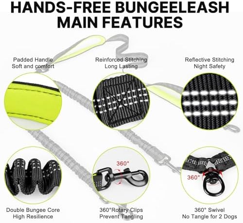 Hands Free Dog Leash for 2 Dogs, Waist Support Padded Bungee Dog Running Leash with Reflective Stitching for Walks, Jogging, Running, Hiking, and Dog Training - Image 4