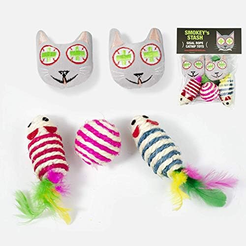 Smokey's Stash 5-Pack Catnip Toys for Indoor Cats – Potent Catnip Cat Face Toys, Natural Sisal Rope Mice and Rolling Ball – Durable Interactive Chaser Toys for Scratching, Hunting, and Exercise - Image 7