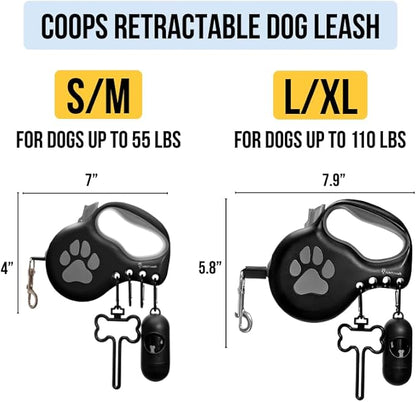 Award-Winning Retractable Dog Leash for Large and Extra Large Dogs (Max 110 lbs) Clip & Go System, Reflective Tape and Ergonomic Handle Includes Clips Poop Bag Holder and Dispenser Black