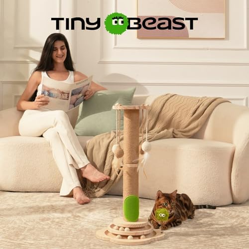TINYBEAST Wooden Cat Scratching Post, 4 in 1 Cat Scratcher Toy with Cat Ball Tracks, 25" Tall Sisal Scratch Post for Indoor Kittens Adult Cats, Interactive Feather Toy and 4 Sisal Hanging Balls - Image 4
