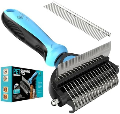 Spring Blossoms-2 in 1 Professional Grooming Rake for Cats & Dogs-Dematting Comb for Easy Mats & Tangles Removing,Pet Brush Safe No More Nasty Shedding and Flying Hair (Blue) by SPRINGBLOSSOMS